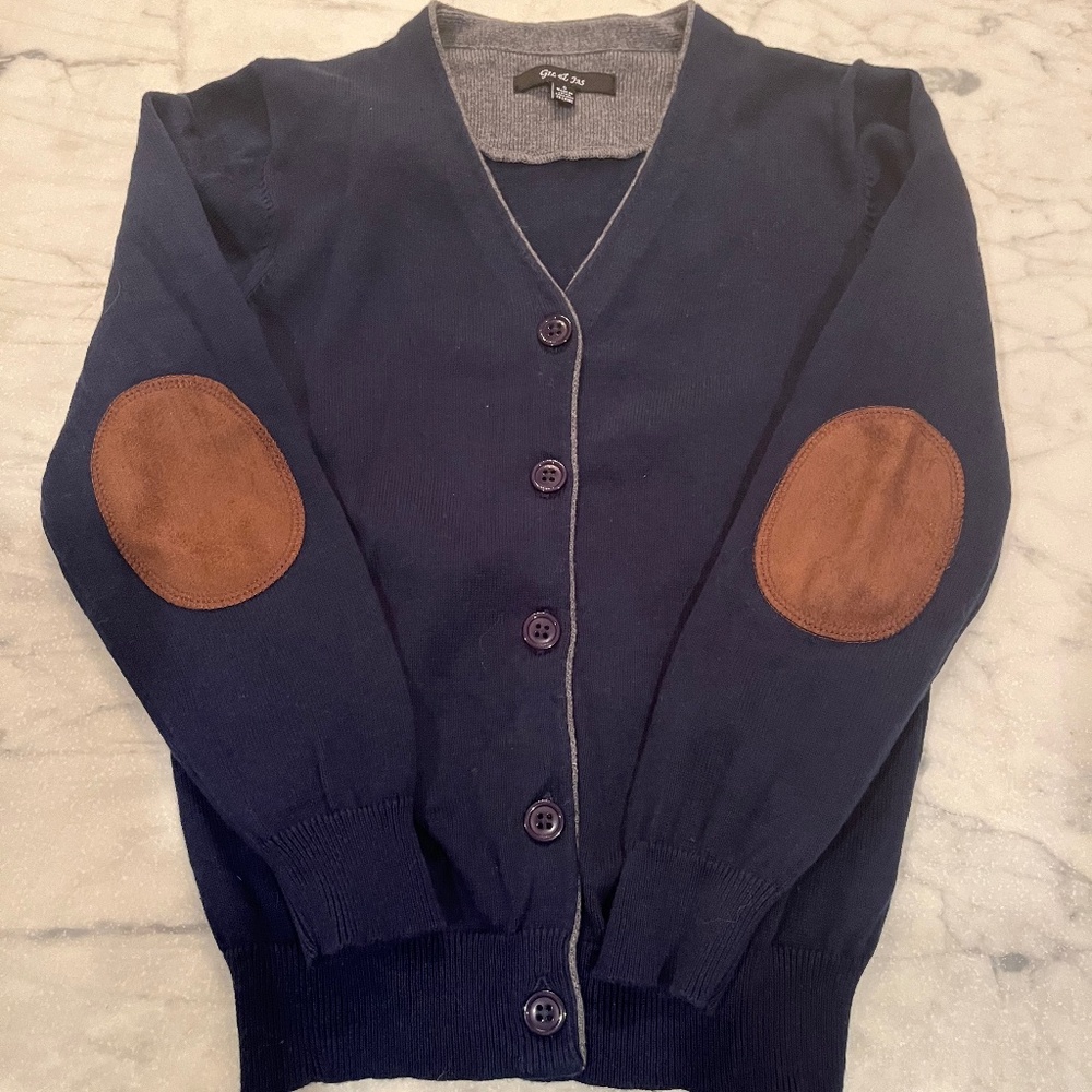 Cotton Navy Cardigan with Brown Suede Elbow Patches